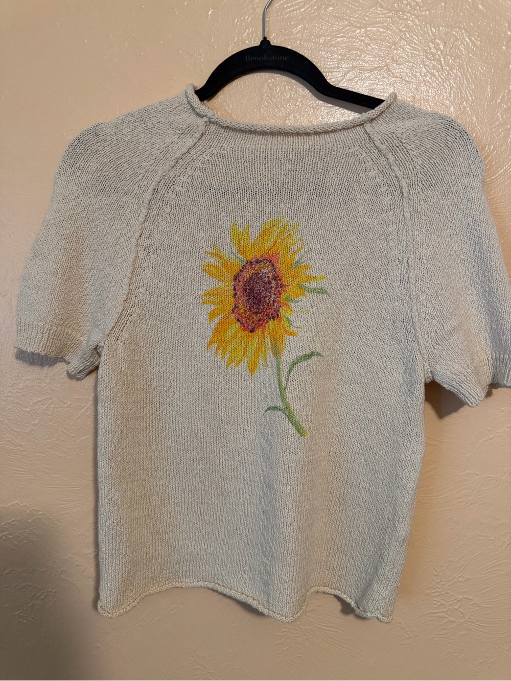 Anthropologie Ivory Short-Sleeve Sunflower Knit Top